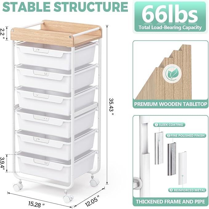 Rolling Storage Utility Cart With 6 Drawers,Art Supply Craft Organizer,Sewing Makeup Organizer And Storage,Office Organization Wooden Tabletop,White