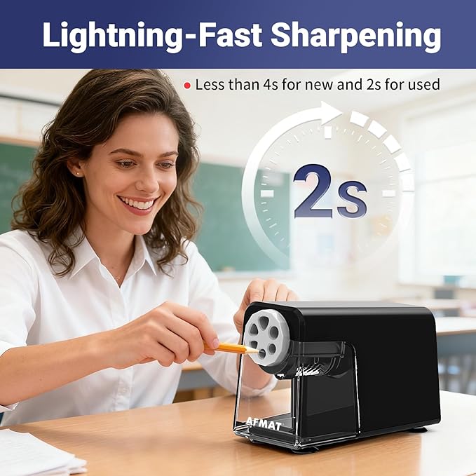 AFMAT 6-Hole Electric Pencil Sharpener for Classroom, Cordless & Rechargeable, Heavy Duty Pencil Sharpeners for 6-11mm Colored Pencils, Auto Stop, Super Fast, 10,000+ Sharpenings, Battery Powered PSD1
