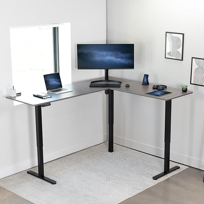 VIVO Electric Corner 75 x 63 inch L-Shaped Standing Desk, Memory Height Adjustment, Dark Gray Top Black Frame, DESK-E3CTG-75