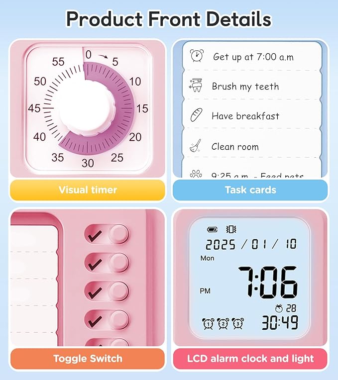 3-in-1 Visual Timer & ADHD Tool for Kids|Adults, Task Timer with Chore Chart Board, Visual Schedule for Kids with Autism, Daily Checklist for Home, School, Classroom, Desk (Pink)