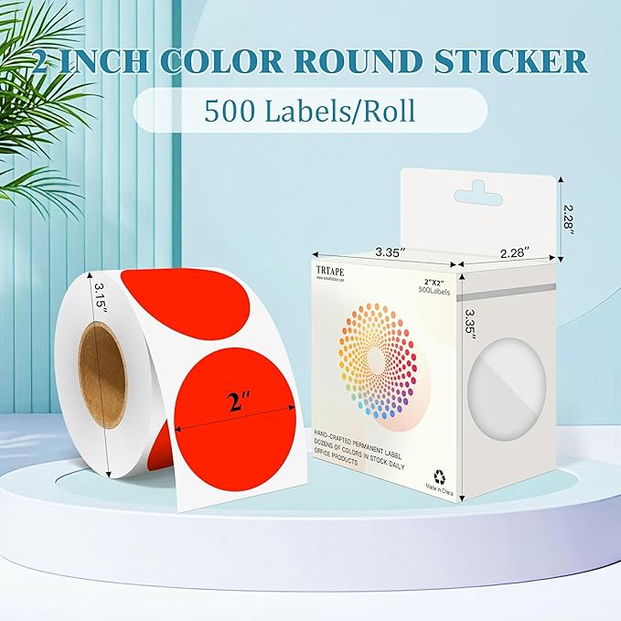 2 Inch Round Color Coding Labels (500 Count) - Fluorescent Red Dot Stickers Circle Labels with Dispenser Box for Warehouse, Filing, Industrial, Office Organization