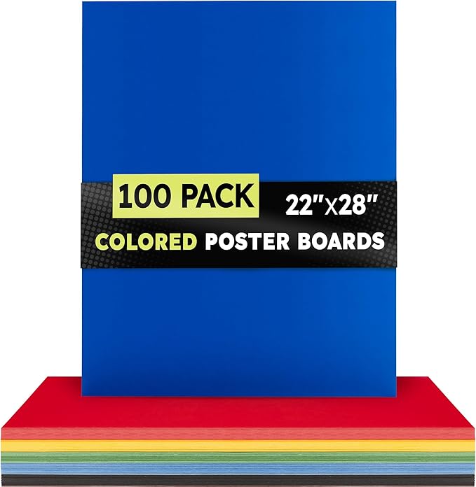 Hygloss Large Colored Poster Board 22x28 - 100 Assorted Standard Color Poster Boards Bulk Pack - Red, Yellow, Green, Blue, Black - 10 Pt. Thickness Poster Board Paper - Posterboard Multipack 22" x 28"