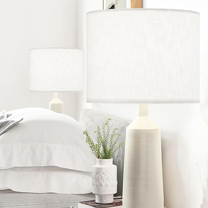 GO&SO White Textured Drum lampshade Medium Lamp Shade 13" Top x 13" Bottom x 10" High (Spider) Modern Linen Lamp Shades for Table Lamp Bedside Lamp Natural Linen Replacement Assembly is Required