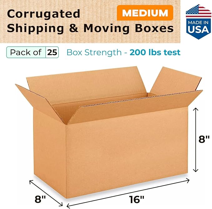 IDL Packaging - B-1688-25 Medium Corrugated Shipping Boxes 16"L x 8”W x 8"H (Pack of 25) - Quality Choice of Sturdy Packing Boxes for USPS, UPS, FedEx Shipping