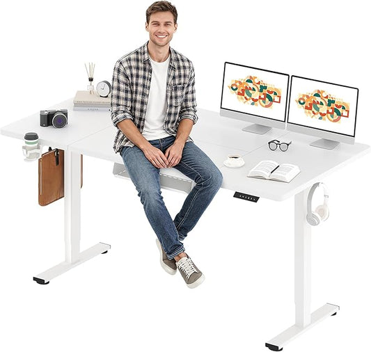 SANODESK Electric Standing Desk 71 x 32 Inches Height Adjustable Stand Up w/6-Button Controller Ergonomic Computer Desk with Splice Board for Home Office, White Frame + White Tabletop
