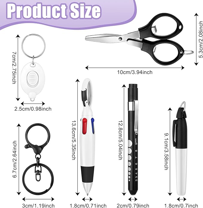 12 pcs Nurse Pen Set Two Colors Black Silver Include Permanent Marker Pen Pen Lights for Nurses Retractable Ballpoint Pen Nursing Keychain Clip Foldable Scissors LED Flashlight Keychain for Nurses