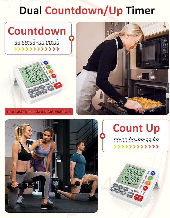 Digital Kitchen Timer for Cooking - 4 Channel Count Up Countdown Timer with Loud Alarm and Silent Mode, Large Display, Magnetic Back, Auto Memory for Classroom Study Gym, Battery Included (White)