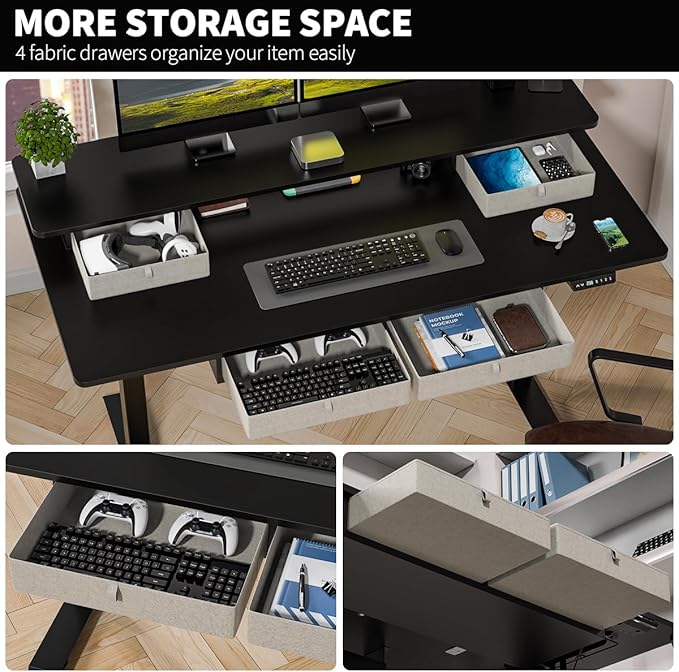 Kingant 63 x 30 Inch Electric Standing Desk with 4 Drawers, Adjustable Height Computer Desk for Home Office, Large Workstation Sit Stand Up Desk with Built-in USB A/C Charging Ports, Black