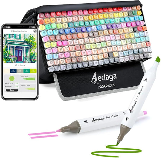AEDAGA 200 Colors Alcohol Markers with Free App, Dual Tip Art Marker with Kickstand Case for Artists Adults. Alcohol Based Markers for Coloring Painting Sketching and Drawing, Great Gift