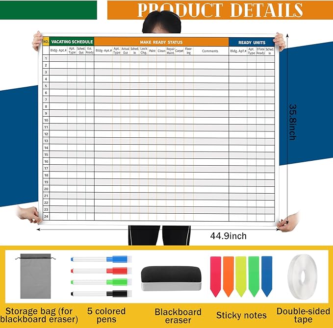 Lincia Extra Large Make Ready Board Property Management Kit, 36 x 45 Inch Make Ready Dry Erase Board with Lines Office Visual Work Checklist Project for Scheduling Tracking Progress