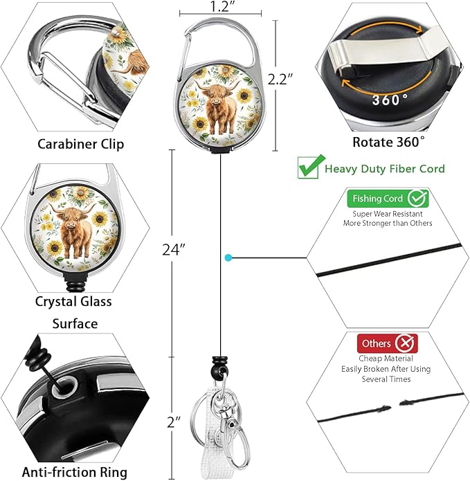 Giancomics Highland Cow Lanyards for Id Badges, Sunflower ID Badge Holder with Retractable Reel, Teacher Lanyard with Keychain Key Clip Carabiner Name Tag Card Holder Protector Office Women Gift