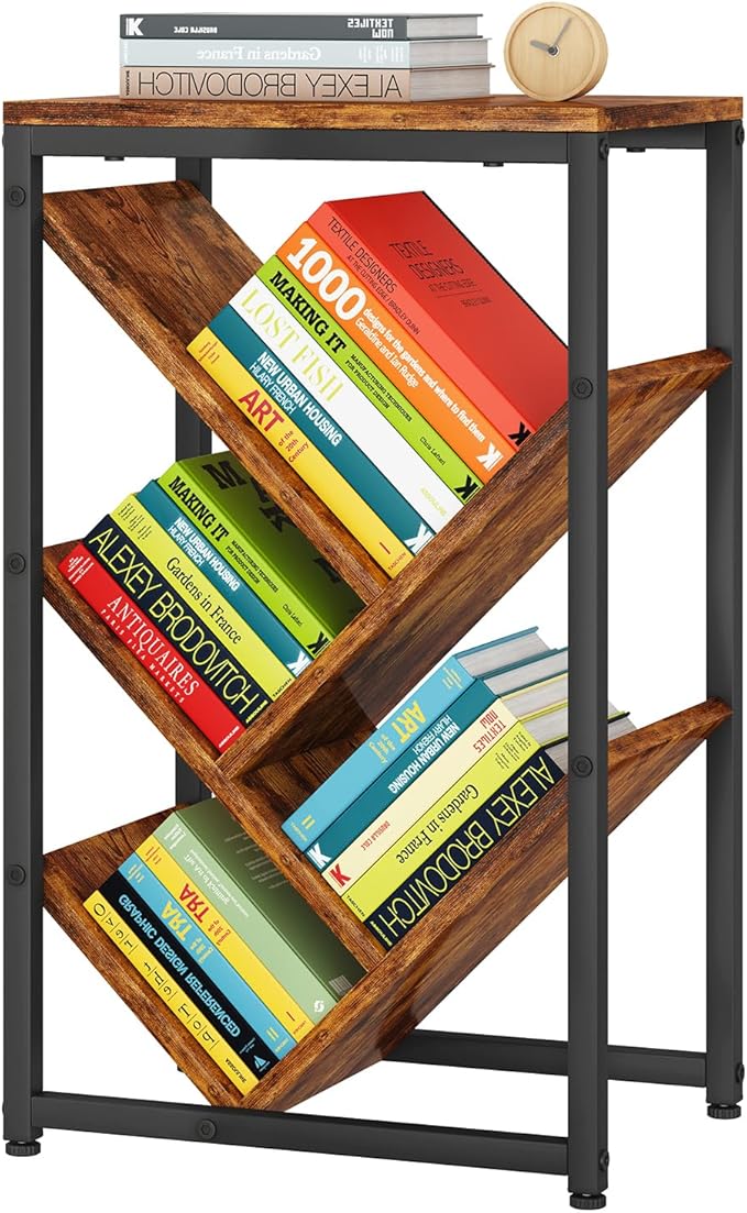 IBUYKE 5 Tier Tree Bookshelf, Small Desktop Bookshelf with Storage Organizer,for Books/CDs/Movies,Desk Display Bookcase for Bedroom Living Room,Rustic Brown,TBC003H