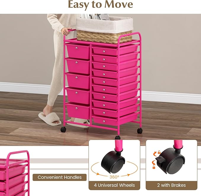 GLACER 15 Drawers Rolling Cart, Storage Cart with w/Removable Drawers & Steel Frame, Multipurpose Organizer Cart w/Sleek Handle, Utility Cart on Lockable Wheels for Home, School, Office (Hot Pink)