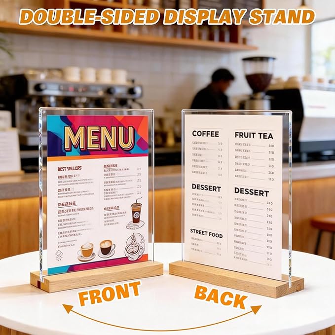 Acrylic Sign Holder 8.5" x 11" with Wooden Base, 4 Pack Adjustable Vertical/Tilt Acrylic Display Stands for Flyers, Menus, Picture Frames