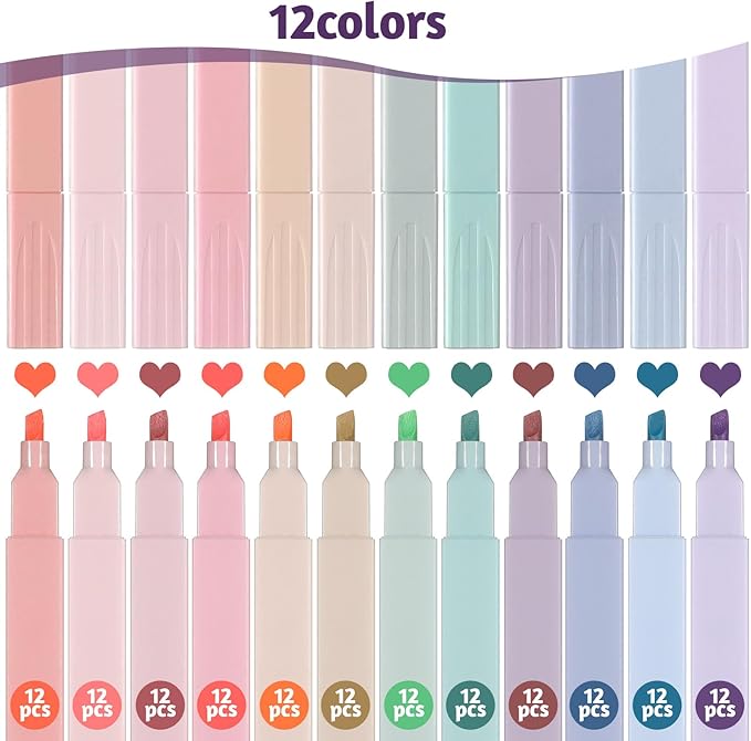 IANFAN 120 Pcs Bible Highlighters Aesthetic, Chisel Tip Cute Pastel Highlighters No Bleed Soft Color 12 Assorted Color Marker Pens for Notes Journaling Office Supplies