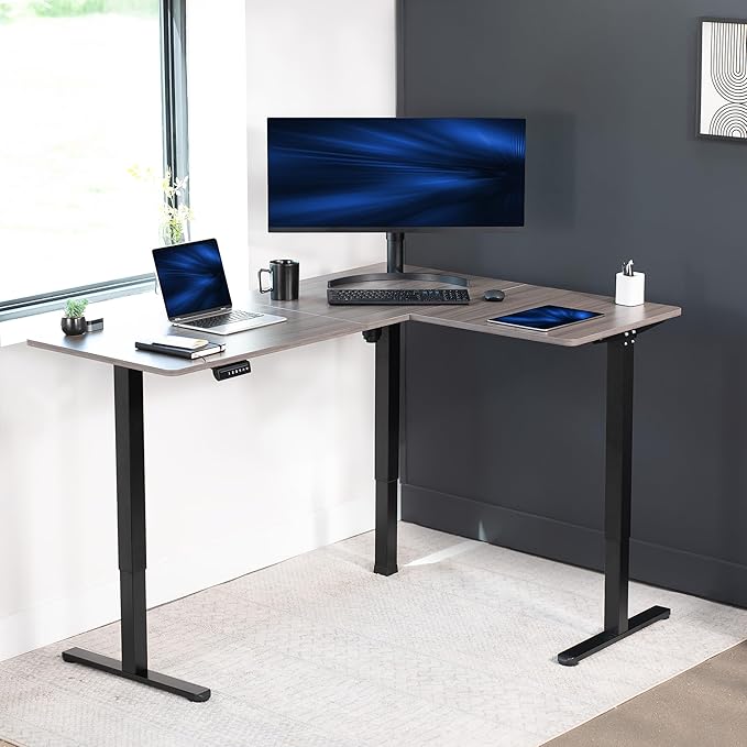 VIVO Electric Corner 63 x 47 inch L-Shaped Standing Desk, Memory Height Adjustment, Dark Gray Top Black Frame, DESK-E3CTG-47
