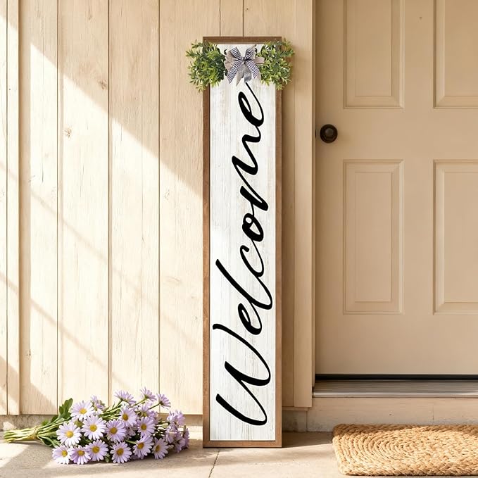 Double-sided Welcome to Our Home Wooden Sign Stand with Magnetic-adhesive Wreath for Front Door, 47" Vertical Farmhouse Welcome Porch Sign for Outdoor Patio Garden, 2in1 Large Tall Porch Leaner Decor