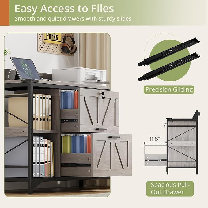 AesthLife 44" File Cabinet for Home Office, Wood Filing Credenza with Built-In Power Outlet, 2 Drawer File Cabinet with Lock, 4 Open Shelves, Metal Shelf, Adjustable Drawer fit to Legal/Letter/A4 Size