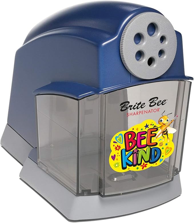 Brite Bee Sharpenator – Heavy Duty Classroom Electric Pencil Sharpener for Teachers & Students – Quiet Motor, Auto Stop, Large Bin, Helical Blade – Sharpens All Pencil Types (Bee Kind Front)