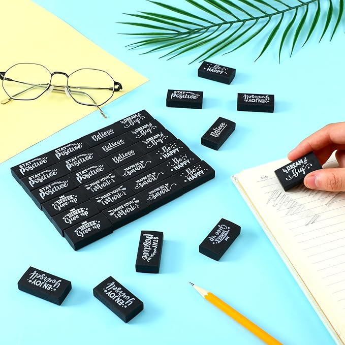 Dunzoom 100 Pcs Inspirational Pencil Erasers Bulk for Kids Fun Motivational Eraser School Supplies Back to School Office Supplies for Classroom Office Teacher Artists (Classic)