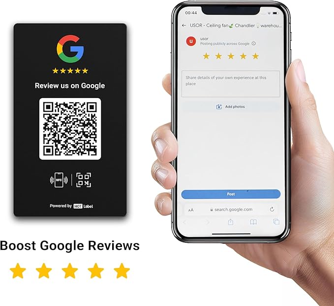 HotLabel Review Card 5-Pack + For Boosting Business Reviews + Black + NFC Tap & QR Code + Supports 5 Different Stores or Same + All Phones Compatible + No App/Subscription