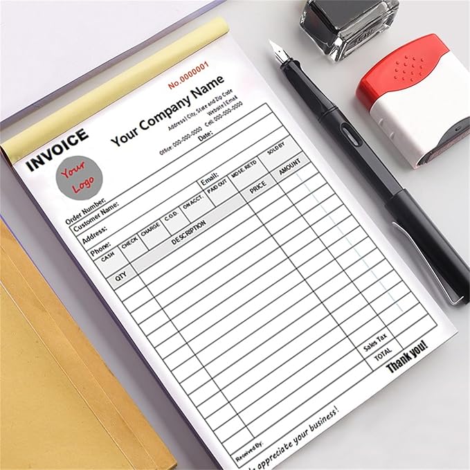 Custom Invoice Book in 3-Part /2-Part Receipt Book with Carbon Copies Personalized Carbonless Service Invoice Form Books Sales Order Book with Company Name Logo Address,A-Invoice Book with Logo