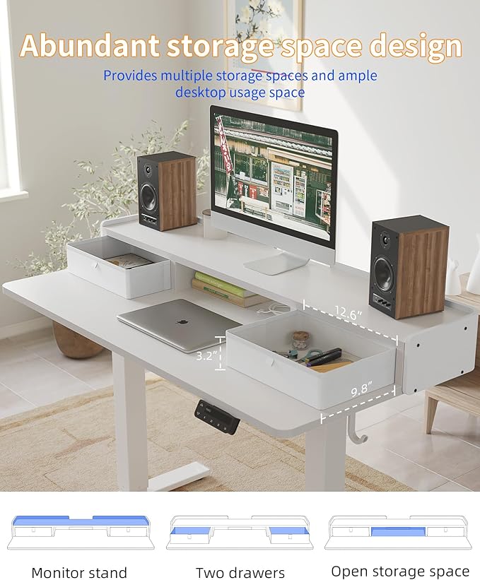 YIHAYO Electric Standing Desk with Drawers, 40 x 24 Inches Adjustable Desk with Storage Shelf, Stand Up Desk with Splice Board, Computer Table for Home Office,White Frame/White Top