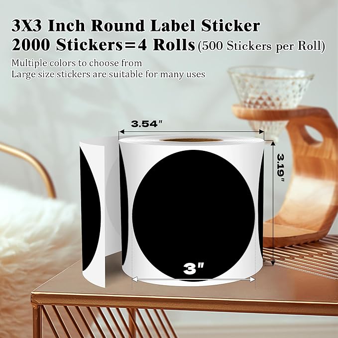 3 Inch Round Colored Dot Stickers, 2000 PCS, 4 Rolls in Dispenser Box - Black Circle Color Coding Labels Dot Labels for Office, Home, Inventory Organizing