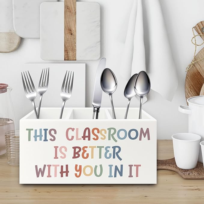XPH Boho Classroom Pen Pencil Holder Organizer for Desk, Inspirational Gifts, This Classroom is Better with You In It Wooden Box Sign for Home Office Desk Tabletop Decorations