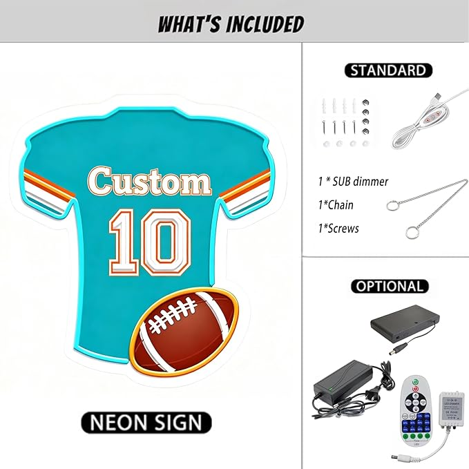 Custom Football Jersey Neon Signs for Wall Decor,Personalized Team Number Name Sport LED Light Up Sign for Football Lovers Birthday Gifts LED Signs for Party Bar Man Cave Fan Club