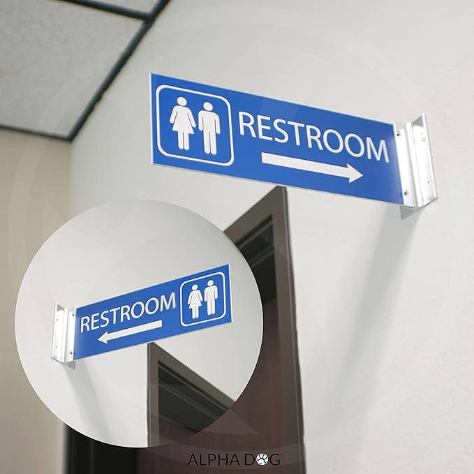 ALPHA DOG SIGNS Corridor Projecting Hallway Bathroom Sign, Left Arrow, 4"x12" Double Sided, Indoor/Outdoor, Easy Install, Durable Business Wayfinding Plaque, USA-Made (Blue)