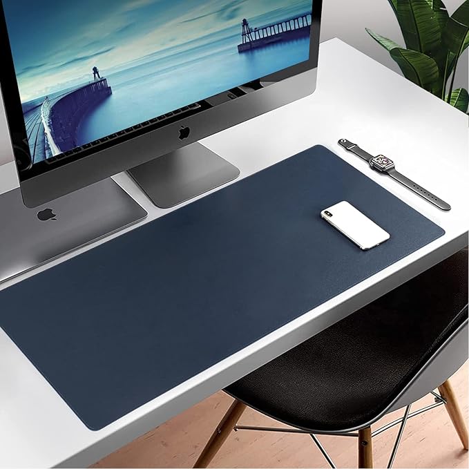 Wolaile PU Leather Desk Pad Blotter,Navy Waterproof Office Desktop Mat for Men,36x17in Non-Slip Large Mouse Pad/Writing Protector/Desk Accessories