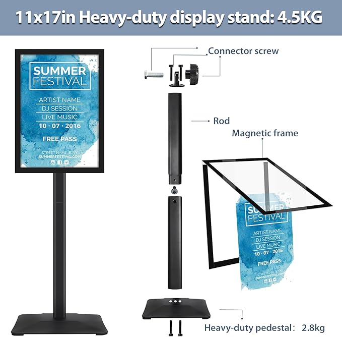STANDNEE Heavy-duty Poster Stand Holder 11"x 17" Pedestal Floor Standing Sign Holder Vertical and Horizontal View Sign Display, PVC Magnetic Frame, Black