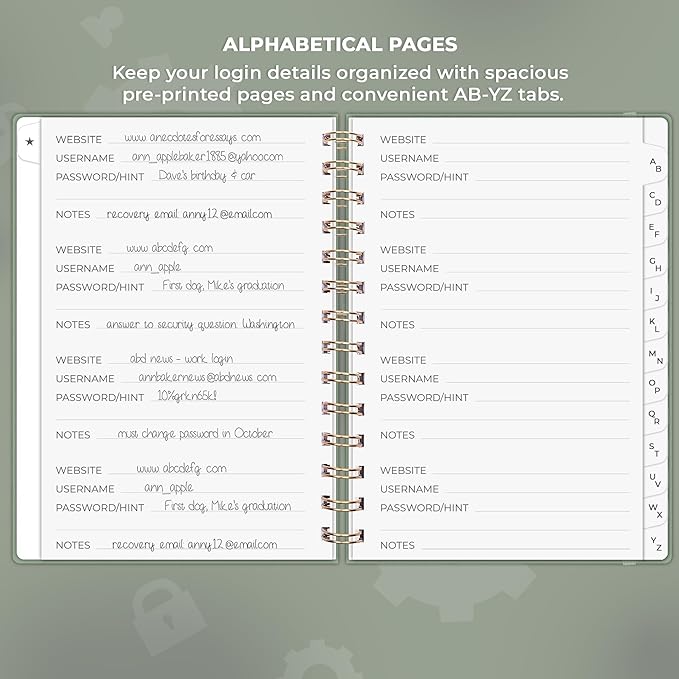 Clever Fox Password Book Spiral – Internet Address & Password Organizer with Laminated Alphabetical Tabs – Password Keeper Journal – Hardcover, Medium Size, 6.1x7.7” (Cypress)