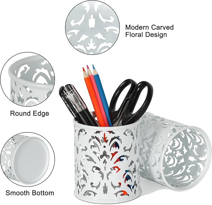 EasyPAG White Pen Holder for Desk, 2 Pack Round Pen Organizer, Brush Holder for Vanity, Metal Pencil Cup Organizer for Home, Office, Classroom, School