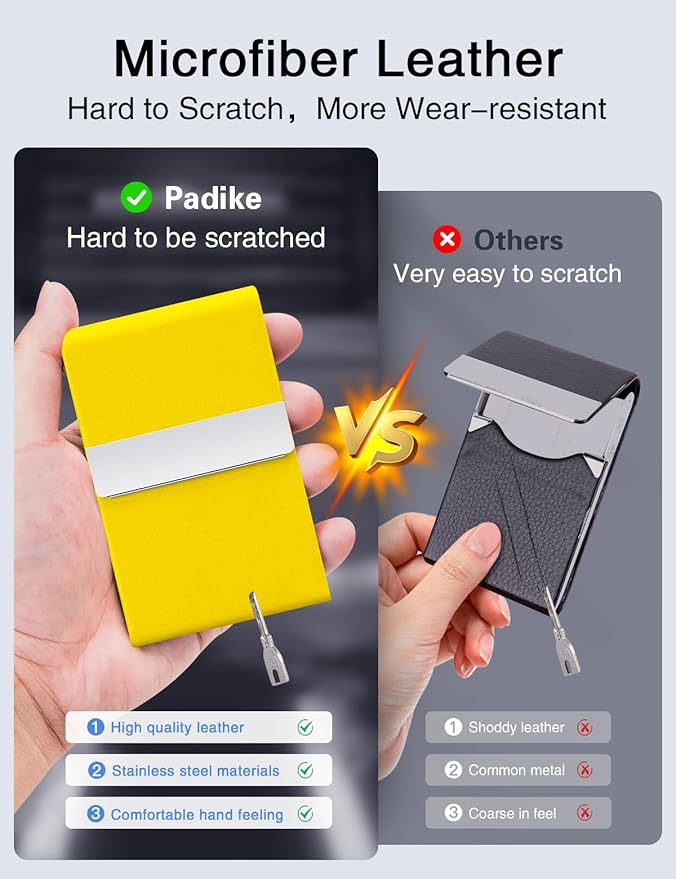 Padike Professional Business Card Holder PU Leather Business Card Case Name Card Holder Slim Metal Pocket Card Holder with Magnetic Shut (Y-Yellow)