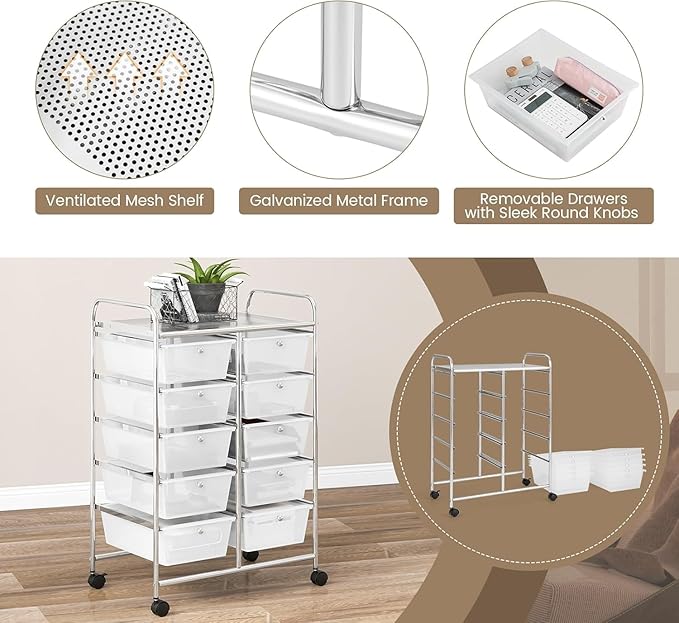 LDAILY 10 Drawer Rolling Cart, Storage Cart Organizer on Wheels, Drawer Cart with Metal Frame & Large Storage Capacity, Rolling Cart with Drawers for Living Room Classroom, Office