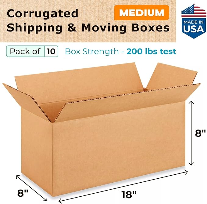 Medium Shipping & Moving Boxes 18x8x8 inches (10-Pack) - Extra Strength 200 lb vs Regular - Corrugated Medium Moving Boxes - Packing Box for USPS, UPS, FedEx - Heavy Duty Box by IDL Packaging