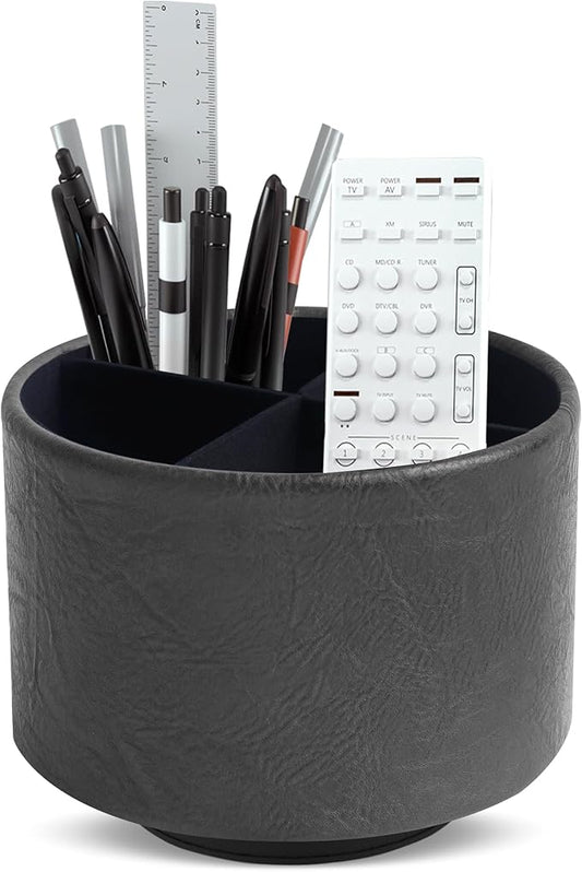 Hennaja Round Leather Art Supply Organizer,Remote Control Holder,360 Degree Spinning,Multi-Functional Pencil Holder,4 Compartments Desktop Stationary Organizer(1-Crazy Black)