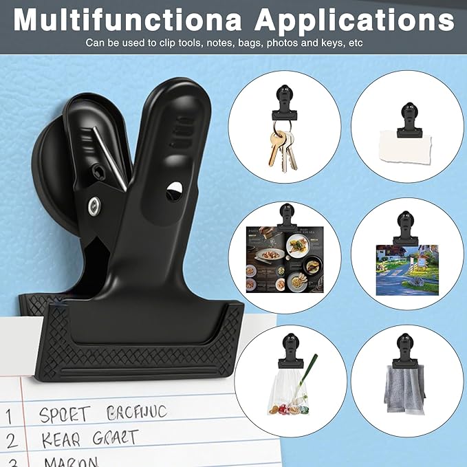 joaoxoko 3 Pack Heavy Duty Magnetic Clips 1.5 Inch Opening with Anti-Scratch Pads,Alloy Steel Rustproof Clip Securely Grip Tools, Flags, Blueprints for Home Office, Artist Studio (Black 3pcs)