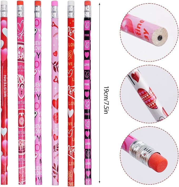 Rbenxia 48PCS Valentines Day Wooden Pencils with Erasers, Valentine's Exchange Gifts for Goodie Bags Fillers, Assortment Novelty Pencils Awards Incentives for Giveaways Favor (Valentine's Day)
