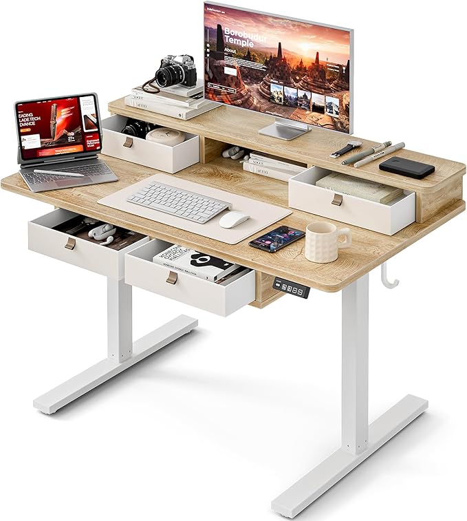 Grandder 47 Inch Electric Standing Desk with Four Drawers, Sit to Stand Up, Height Adjustable Desk with Storage Shelf for Home Office, Study, Ergonomic Adjustable Computer Desk, Oak
