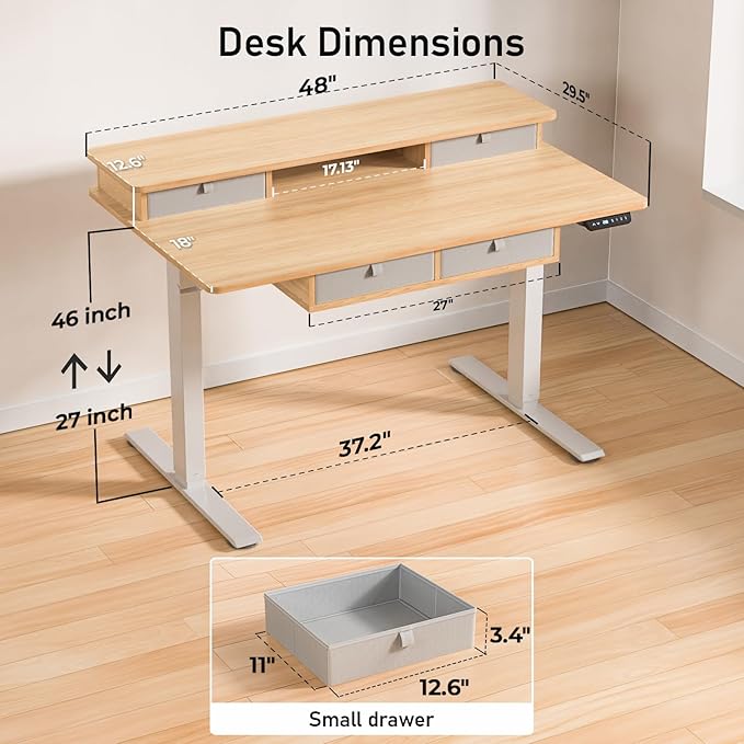 ExaDesk 48 * 30 Inches Electric Standing Widened Desk Adjustable Height with 4 Drawers, Double Storage Shelves, Home Office Workstation Sit Stand up Desk (Nature)