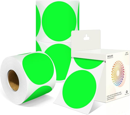 3 Inch Round Colored Dot Stickers, 2000 PCS, 4 Rolls in Dispenser Box - Fluorescent Green Circle Color Coding Labels Dot Labels for Office, Home, Inventory Organizing