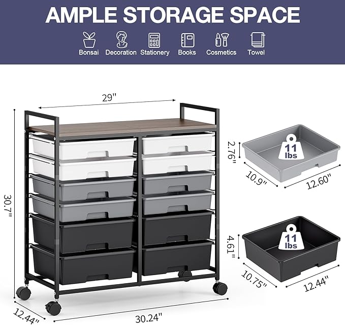 Rolling Storage Cart with 12 Drawers, Wooden Tabletop Utility Cart for Craft Storage, Art Supply Storage & Home Office Organization, Teacher Cart with Wheels for Classroom Organization, School (Grey)