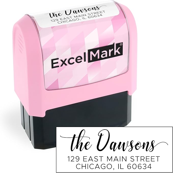 ExcelMark Address Stamp - Custom Return Address Stamp with Elegant Designs, Vibrant Colors & Patterns – Perfect for Mail, Invitations & Gifts (Pink Mount, Signature Script)