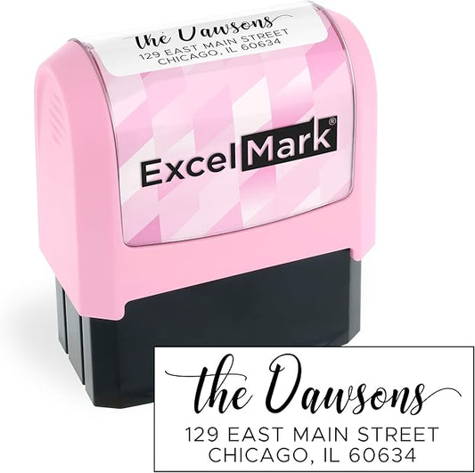 ExcelMark Address Stamp - Custom Return Address Stamp with Elegant Designs, Vibrant Colors & Patterns – Perfect for Mail, Invitations & Gifts (Pink Mount, Signature Script)
