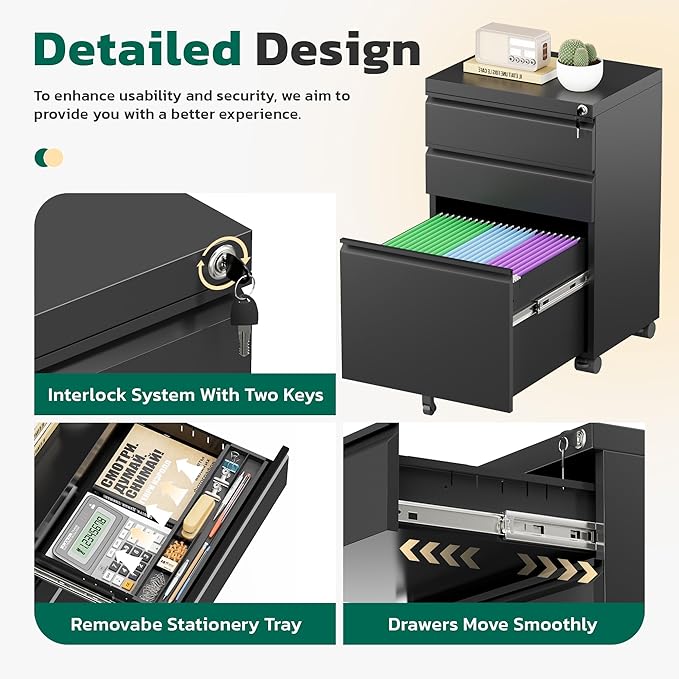 Greenvelly 3 Drawer Mobile File Cabinet with Lock, Metal Filing Cabinet on Wheels, Under Desk File Cabinet for Home Office Organizer Letter/Legal/A4 File (Assembly Required, Black)
