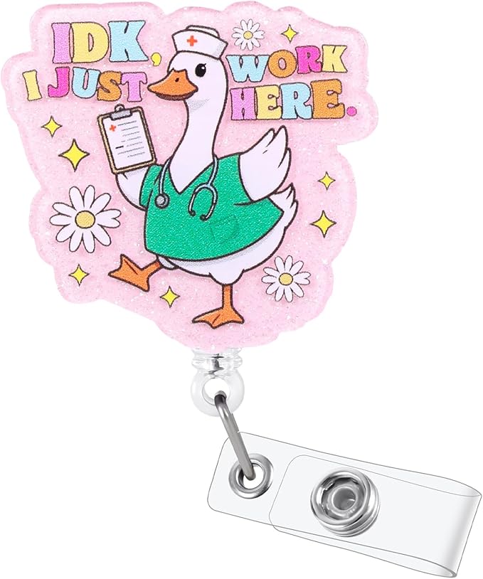 IDK I Just Work Here Funny Silly Goose Nurse Badge Reel, Pink Cute Retractable ID Medical Badge Holder, Name Tag Badge Buddy for RN CNA LPN MA Night Shift Nurse Nursing Student Doctor Social Workers