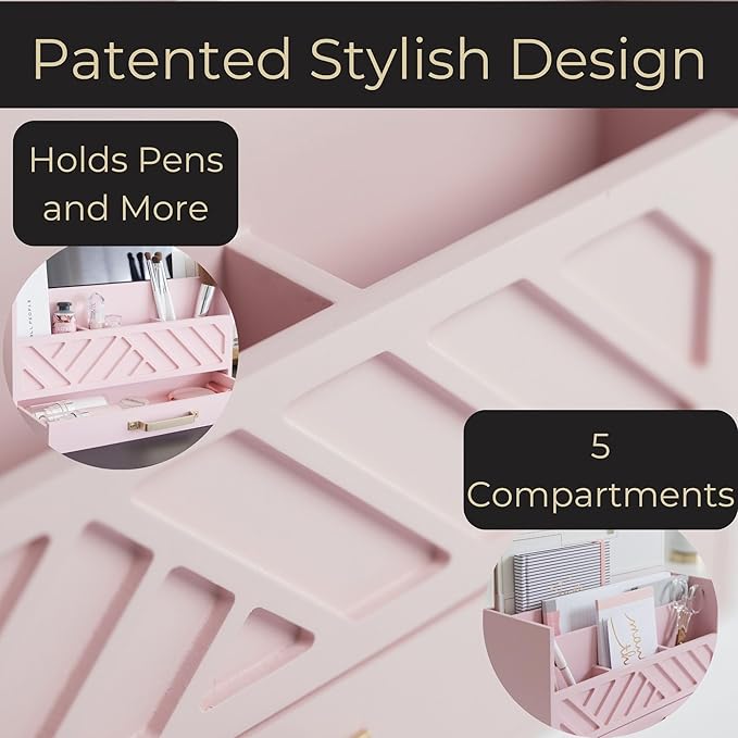 BLU MONACO Pink Wooden Desk Organizer With Storage Drawer and Gold Handle | Desktop Mail Sorter and Stationery Holder for Home Office | 4.6” x 12.4” x 7.5” Multi-Compartment Accessory Organizer